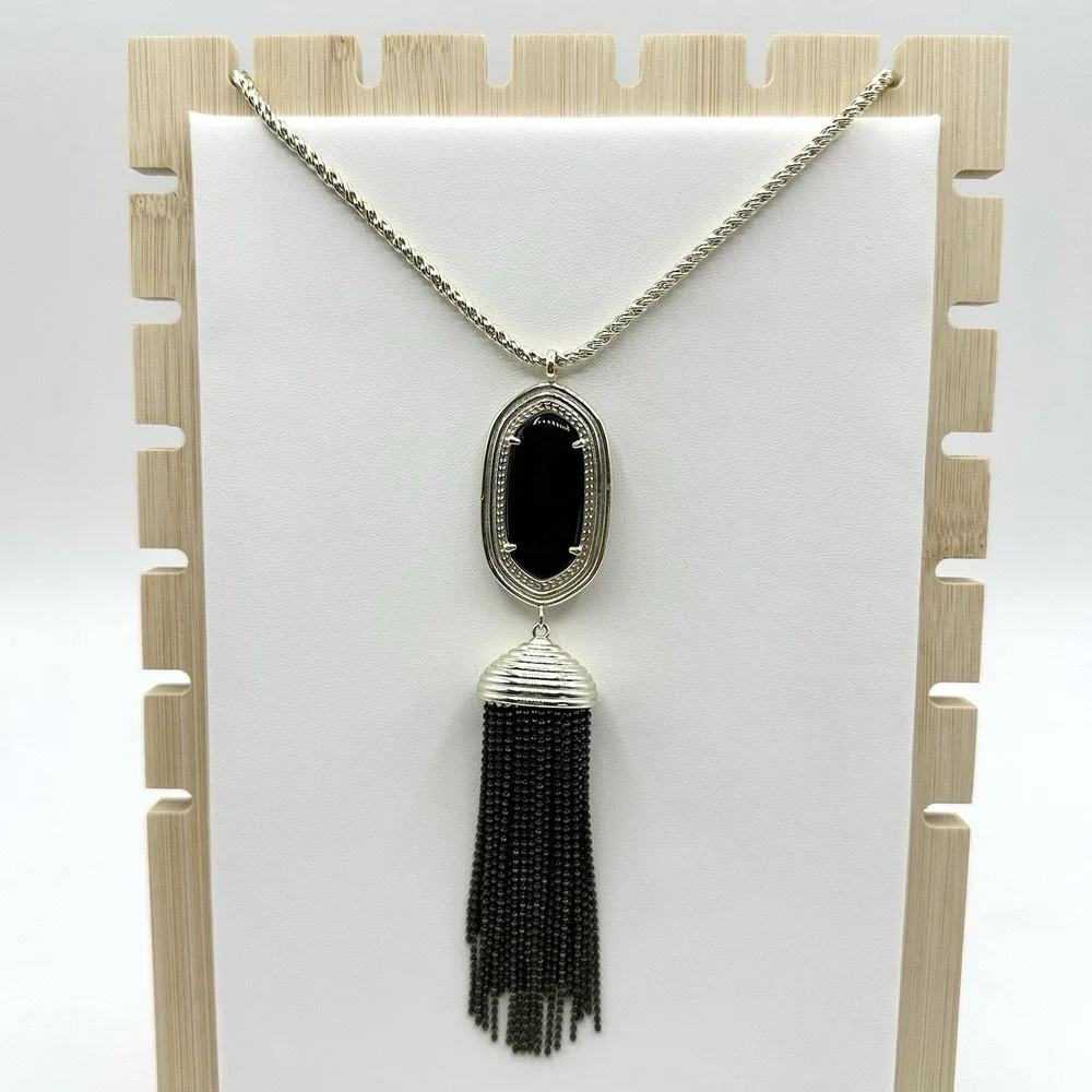 Kendra Scott Rayne Necklace Black Tassel Pendant Long Goldtone Chain